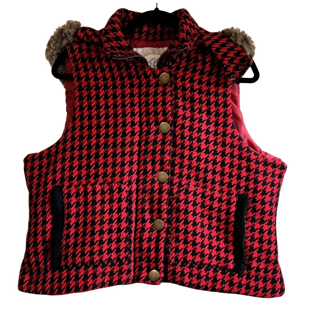 Vintage 90's B's Closet Red Black Houndstooth Vest Faux Fur Hood Women's XL